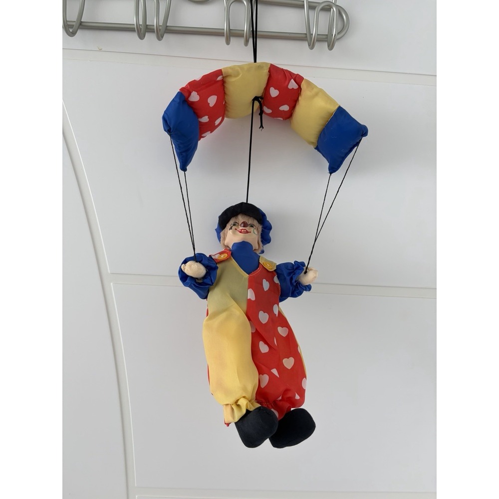 Vintage Happy Clown with Hanging Parachute Purple Yellow Red Heart Print Toy - Picture 3 of 9